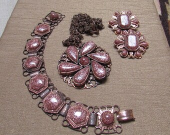 Vintage copper Lucite confetti faux goldstone chunky pendant necklace, bracelet and earrings set retro boho parure FREE shipping USA