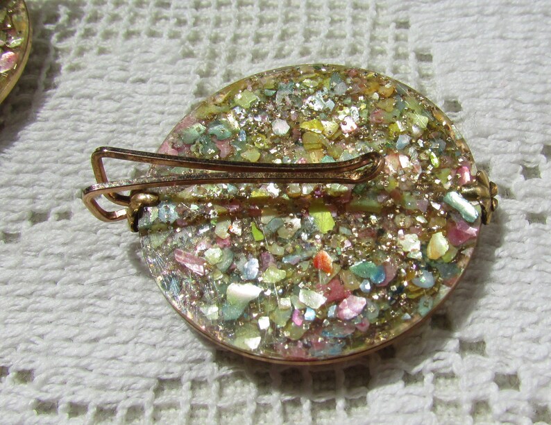 green gold and MOP glitter Lucite confetti rare style clip on earrings button covers Pink