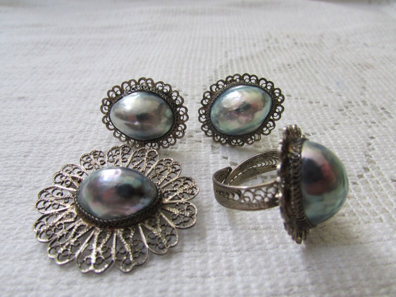 Vintage silver filigree Osmena pearl set parure brooch ring earrings estate find free shipping USA