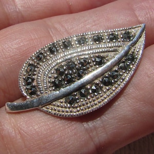 Vintage art deco sterling silver marcasite leaf brooch Victorian Revival free shipping USA