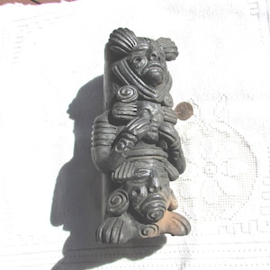 Vintage Dramatic pre-Columbian style black pottery mask vase statue Ancestral Aztec warrior god 50's Mexican Tiki decor free shipping USA