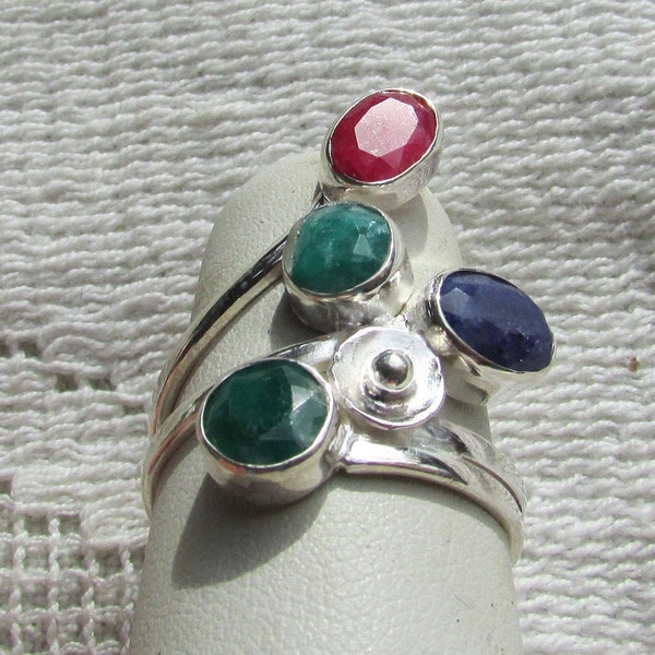 Vintage  precious gem sterling silver sapphire emerald ruby ring minimalist NOS OOAK silver gemstone statement ring size 9 free shipping USA