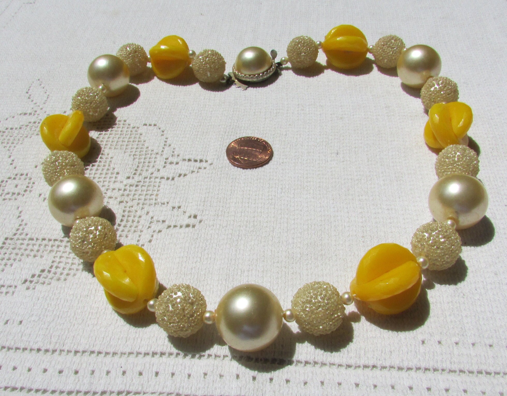 Vintage chunky sugar beads necklace with interlocking egg yolk yellow plastic and faux pearl beads marked Hong Kong FREE shipping USA