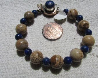 Vintage bracelet OOAK NOS gemstone lapis and picture jasper beads bracelet sterling clasp genuine stones hand crafted free shipping USA