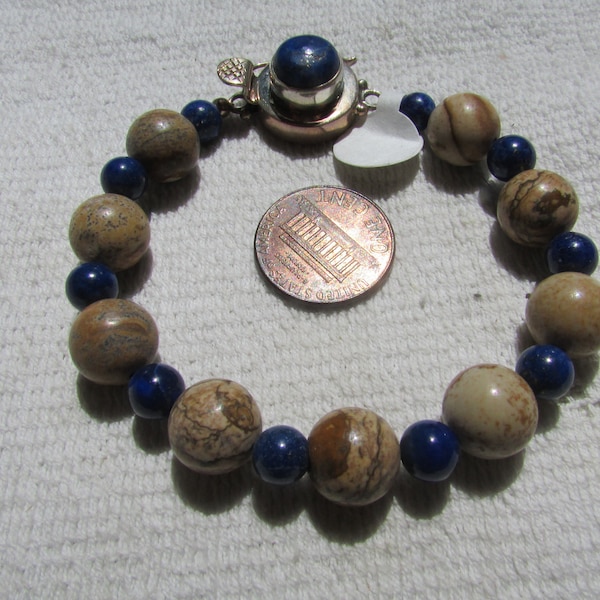 Vintage bracelet OOAK NOS gemstone lapis and picture jasper beads bracelet sterling clasp genuine stones hand crafted free shipping USA