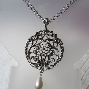 Vintage Avon massive antique silver medallion pendant with teardrop pearl statement necklace Victorian revival 70&#39;s free shipping USA