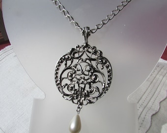 Vintage Avon massive antique silver medallion pendant with teardrop pearl statement necklace Victorian revival 70&#39;s free shipping USA