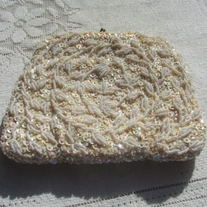 Vintage bridal purse off white satin beaded and sequined convertable clutch purse, Hong Kong hand beaded 50&#39;s evening bag free shipping USA