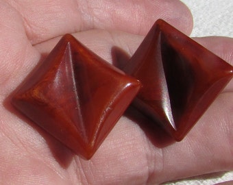 Vintage 50's carved brown Bakelite clip on earrings geometric square tested free shipping USA