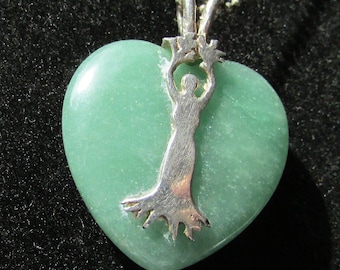 Vintage silver tree goddess pendant necklace with aventurine heart fairy necklace fairycore Dryad forest fairy ships free USA