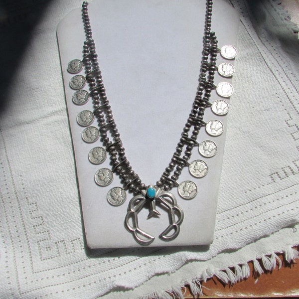 Vintage unisex mercury dime silver squash blossom turquoise naja Native American Navajo style pendant necklace boho southwestern estate find