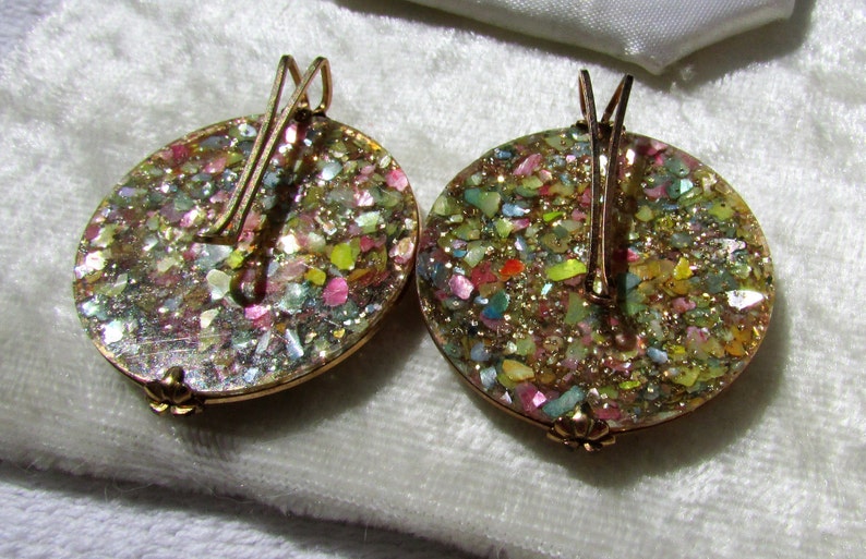 green gold and MOP glitter Lucite confetti rare style clip on earrings button covers Pink
