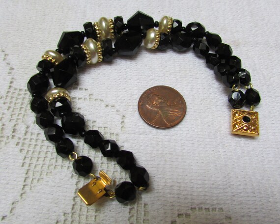 Vintage 80's 2 strand faceted black glass and fau… - image 3
