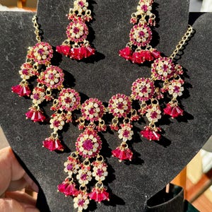 Vintage Bollywood style faux Ruby stone tassel set necklace earrings mid Eastern belly dance Bollywood set shipping included USA