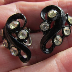 Vintage black enamel and clear rhinestone screw back earrings Goth wedding bridal prom free shipping USA