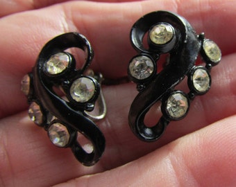 Vintage black enamel and clear rhinestone screw back earrings Goth wedding bridal prom free shipping USA