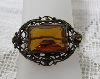 Victorian revival vintage 60's filigree brass brooch with topaz rhinestones