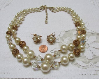 Vintage 60-tals halsband och örhängen med konstpärlor, grovt filigran, kristall och vit konstpärla, demi parure, bröllop, något gammalt