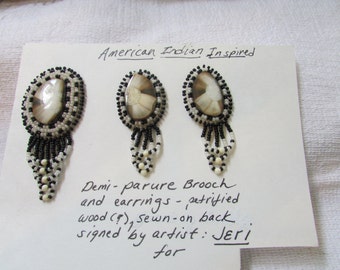New Price Vintage set signed beaded Native style with stone or bone cabs brooch and earrings demi parure