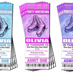 May include: A set of ten blue, pink and purple ticket-shaped invitations with a graphic of ice skates. The text on the invitations reads "Guest Section 00 VIP Row Seat Party Invitation Olivia is turning 10 Date Date Date Date 2020 at time Venue: Ice Skate City Rink Party Town, Fun City RSVP: 00000 000000 by date Admit One Don't Forget Your Gloves!"