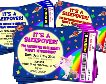 BIRTHDAY PARTY INVITATION Camping Teepee Sleepover Red Pink or Blue Ticket Style 