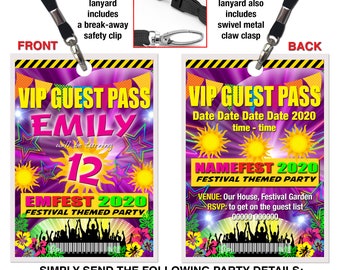 FESTIVAL VIP LANYARD Birthday Invitation, Bespoke, Premium Quality Laminated Guest Pass, With safety Clip, Festival Theme, Pink, Red or Blue