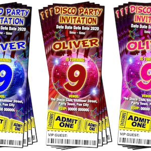 DISCO BIRTHDAY PARTY Invitations x4 Personalised, Disco, Dance, Disco Ball, Ticket Style,  Available in Pink, Blue or Red