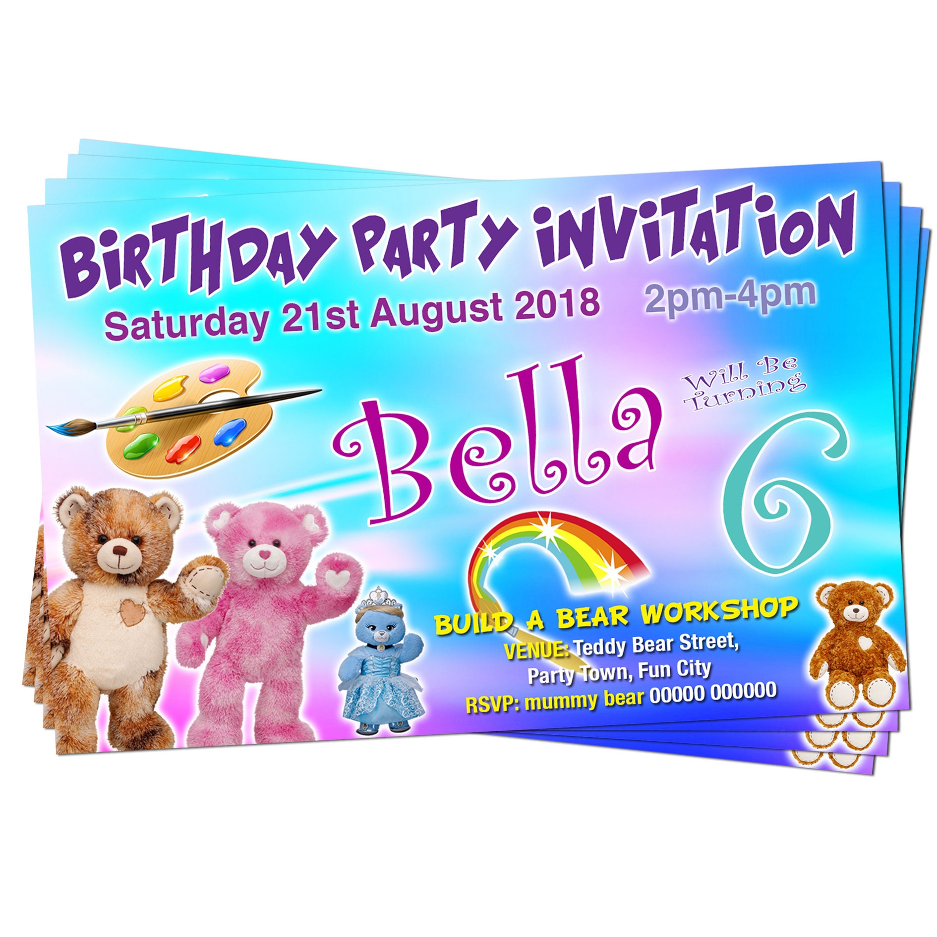 Build A Bear Birthday Invitations Pink Blue Purple Coloured Etsy