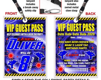 LASER TAG VIP Party Lanyard Birthday Invitation, Bespoke, Laminated Guest Pass, With safety Clip, Laser Tag, Quest, Theme, Pink, Red or Blue