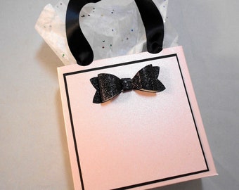 3 Glam Pink Favor Bags with Black Glitter Bows - 4" x 4"x 1 .50" -  Party Decor, Chic Party Gift Packaging, Ladies Luncheon