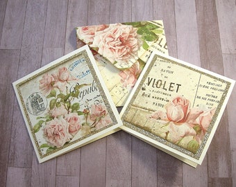 6 - 3"x3" Vintage Pink Rose Cards with Matching Envelopes, Gift Enclosure Card, Small Stationery Set, Thank You Notecards, Happiness Cards