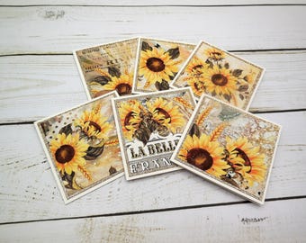 6 Sunflower Mini Cards | Blank Inside 3x3 Notecards with Envelopes | Small Square Cards