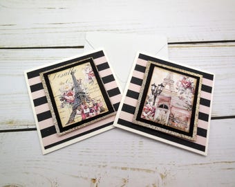 Pink & Black French Themed Mini Note Cards: Set of 8, Blank Inside