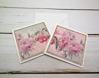 10 Cherry Note Cards - 3x3" - Thank You Sweet Cherry Notes, Giftable Stationery