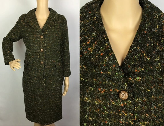 Vintage 1950s Mid Century Pin Up Green Tweed Wool… - image 1