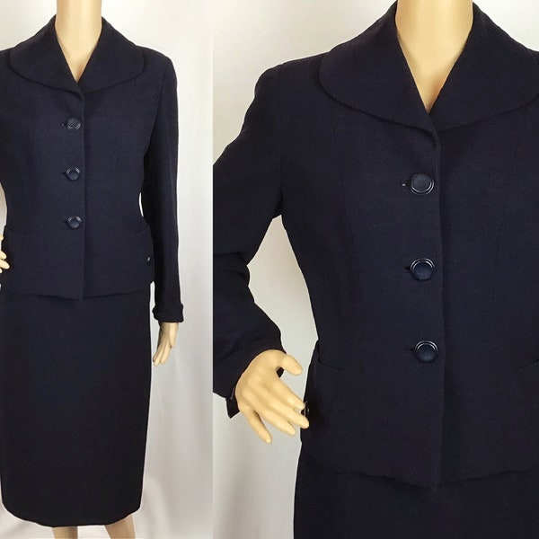 Vintage des années 1950 Golden Crest Mayfair Mid Century Pin Up veste peignée bleu marine Cresta cordon & tailleur jupe crayon ensemble petit-moyen