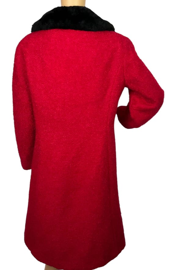Vintage 1960s Mod Dark Red Boucle Wool Black Faux Fur Collar Coat