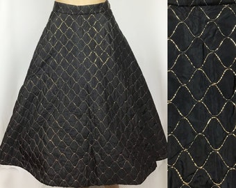 Vintage Early 1960s Mid Century Pin Up Black & Gold Quilted Full Circle Skirt Small-Medium Waist 27" Inches