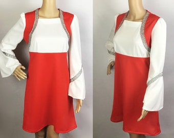 Vintage 1970s Mod Glam Rock Red & White Silver Lurex Flared Sleeve Babydoll Mini Dress Medium