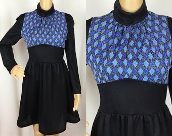 Vintage 1970s Mod Glam Rock Black & Blue Lurex Diamond Check Cut Out Key Hole Bib Roll Neck Collar Babydoll Mini Dress Small