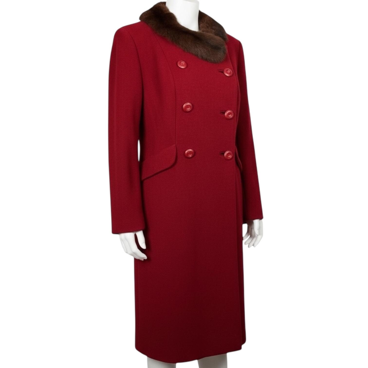 Vintage 1960s Dark Red Wool Fur Collar Double Breasted Coat Medium