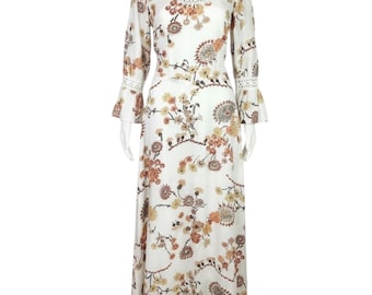 Vestido largo estilo hippie bohemio vintage de los años 70 con estampado floral blanco y marrón, talla mediana