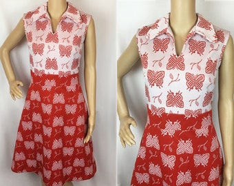 Vintage 1970s Mod Hippie Red & White Butterfly Print Crimplene Penny Collar A Line Scooter Shift Dress Medium