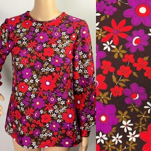 Vintage 1970er Jahre Hippie Flower Power Blumen Tunika Top S/M