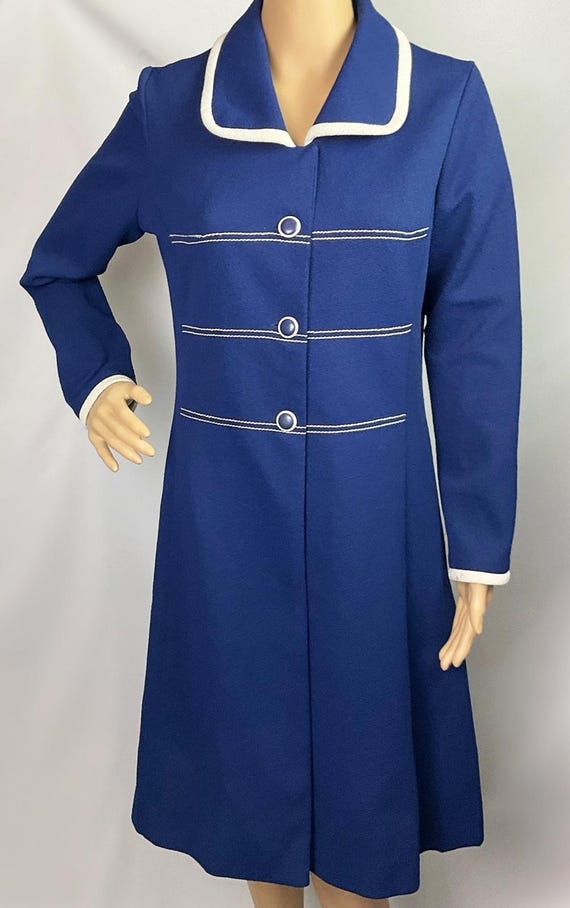 Vintage 1970s Mod Nautical Navy Blue White Crimplene Peter Pan