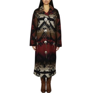 Vintage 1990s Designer Marissa Ferrere Southwestern Print Wool Long Blanket Coat Medium-Large