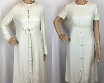 Vintage 1960s Designer Clevaline Mid Century Mod Ivory White Linen Floral Applique Shift Dress & Matching Princess Swing Coat Suit Set Small