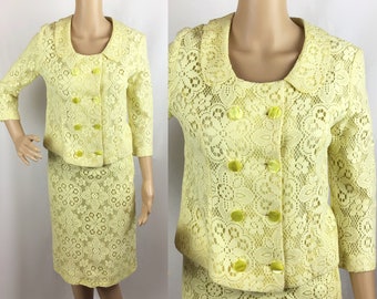 Vintage 1960s Mid Century Mod Yellow Floral Crochet Lace Jacket & Pencil Skirt Suit Set Small