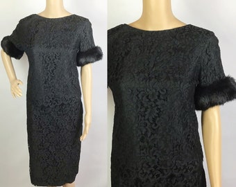 Vintage 1960s Designer Blanes Mid Century Pin Up Black Floral Lace Fur Trim Cuff Blouse Shell Top & Pencil Skirt Suit Set Small-Medium