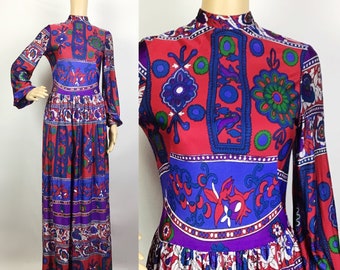 Vintage 1960s Designer Trina Lewis Hippie Psychedelic Floral Patchwork Print Long Maxi Dress Small